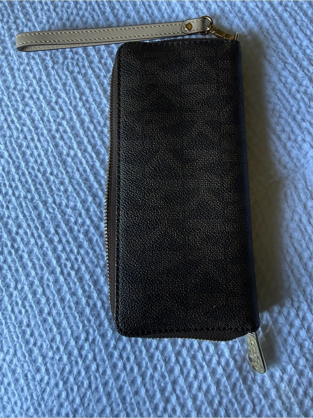 Michael Kors Black Pebble Leather Wristlet with Gold Plate and Taupe Strap